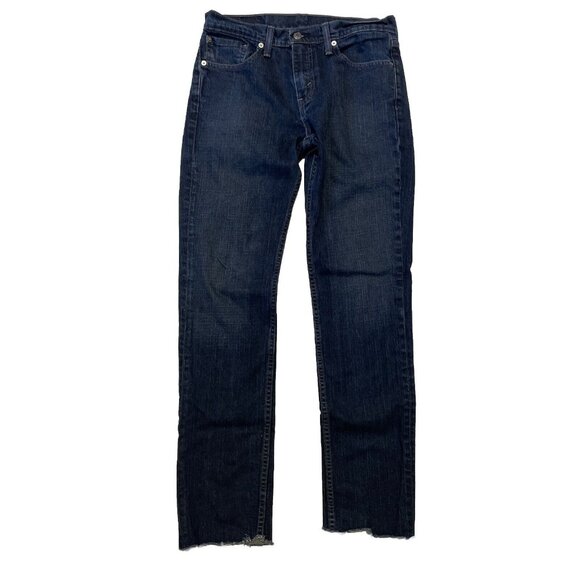 Levis Jeans Men Sz 32 x 32 Blue 511 Slim Dark Rinse Black Patch Raw Hem Modified - Picture 1 of 12